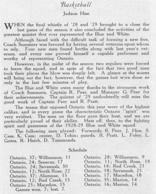 Ontario High (Wayne Central)Basketball History 1929