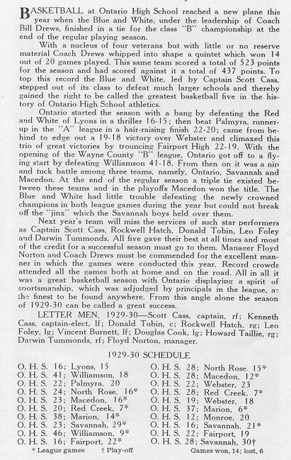 Ontario High (Wayne Central)Basketball History 1930