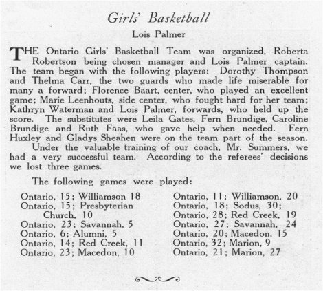 Ontario High School Basketball 1929 Yearbook Write-up