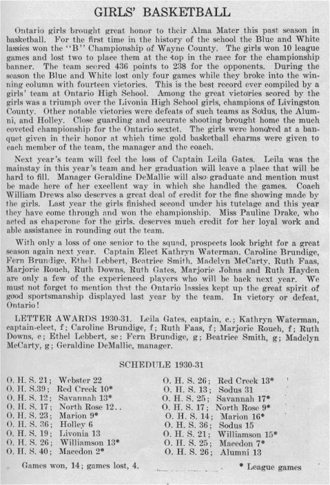 1931 Ontario High School Girls Basketball Review from Yearbook